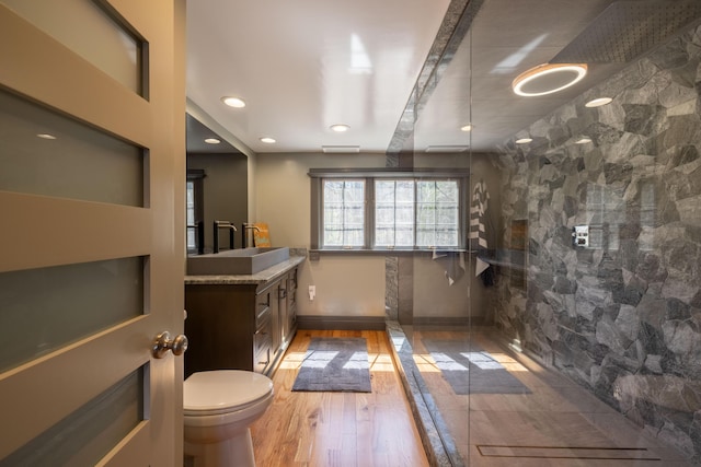 bathroom featuring vanity, a walk in shower, wood finished floors, and toilet