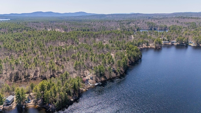 aerial view featuring a water and mountain view and a forest view
