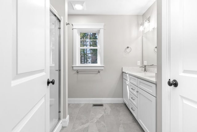 77 Creeks Edge Dr Unit 0, Saco, ME 04072 - full bath with vanity, marble finish floor, baseboards, visible vents, and a stall shower