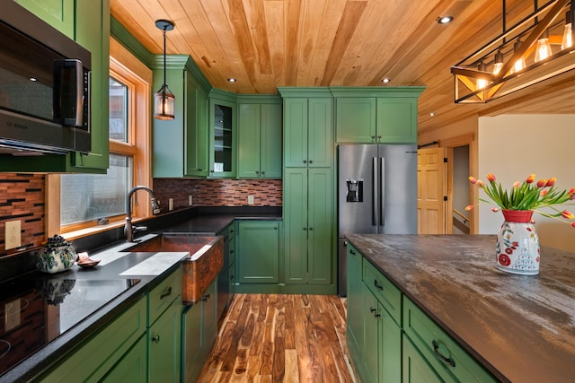 kitchen with green cabinetry and wood ceiling
