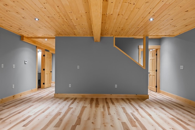 unfurnished room featuring wood ceiling, recessed lighting, light wood finished floors, and baseboards