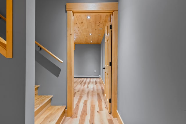 corridor with wooden ceiling, wood finished floors, recessed lighting, baseboard heating, and baseboards