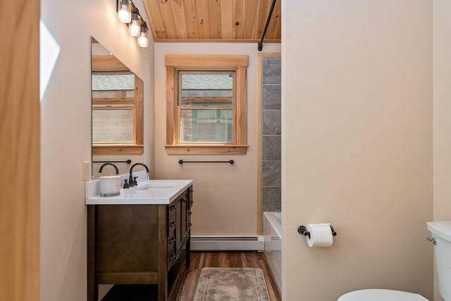 full bathroom with vanity, toilet, wood ceiling, wood finished floors, and a baseboard radiator