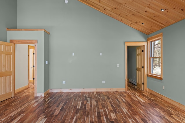 spare room with wooden ceiling, high vaulted ceiling, baseboards, wood finished floors, and a baseboard radiator