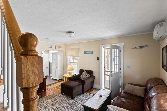 15 Longwood Ave, Old Orchard Beach, ME 04064 - living room with a wall mounted air conditioner, a textured ceiling, wood finished floors, and ornamental molding