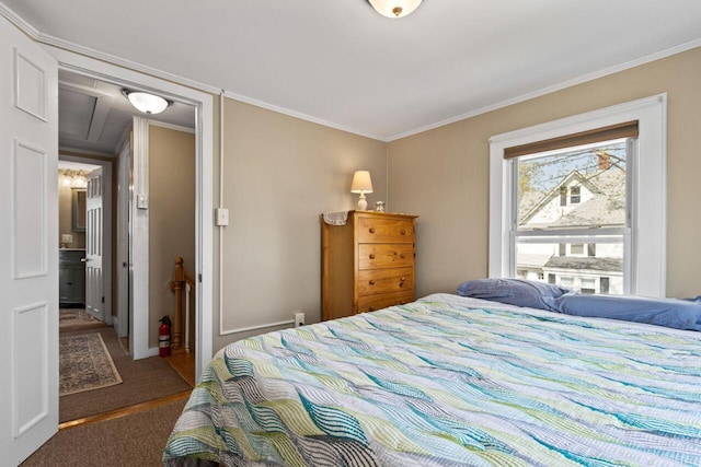 15 Longwood Ave, Old Orchard Beach, ME 04064 - carpeted bedroom featuring crown molding and attic access