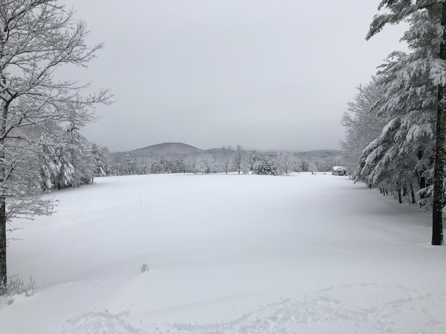 snowy yard with a mountain view