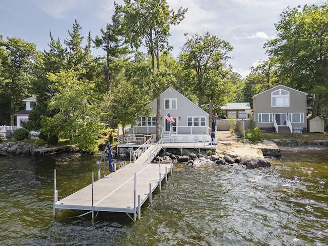 1485 Richville Rd, Standish, ME 04084 - dock area with stairs, a deck with water view, and view of wooded area