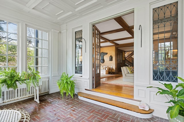 70 Carroll St, Portland, ME 04102 - sunroom / solarium with coffered ceiling, beamed ceiling, and brick floors