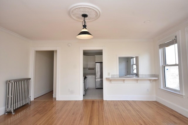 105 N St Unit 3, Portland, ME 04101 - unfurnished living room with radiator, light wood-style floors, crown molding, baseboards, and a sink