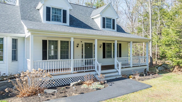 view of front of home with roof with shingles and a porch