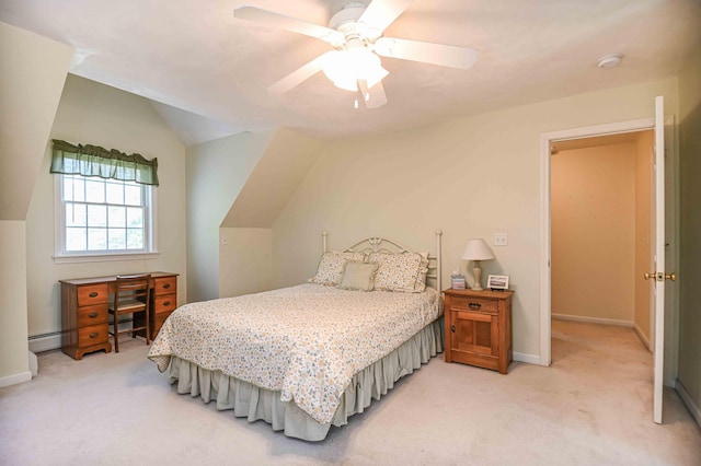bedroom featuring ceiling fan, light carpet, baseboards, a baseboard radiator, and vaulted ceiling