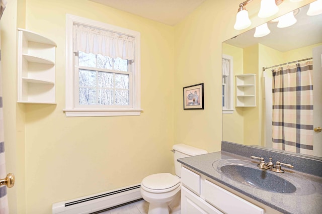 bathroom with a shower with curtain, tile patterned flooring, vanity, a baseboard heating unit, and toilet