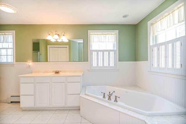 bathroom with vanity, a baseboard heating unit, a healthy amount of sunlight, and a wainscoted wall
