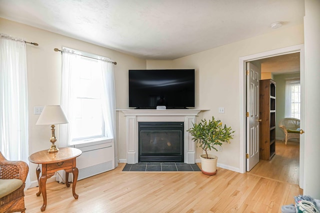 living area with baseboards, a fireplace with flush hearth, a healthy amount of sunlight, and wood finished floors