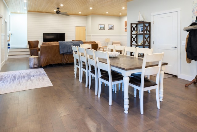 3 Bogue Chitto Ln Unit 1, Bar Harbor, ME 04609 - dining area with recessed lighting, ceiling fan, dark wood-style floors, and wooden ceiling