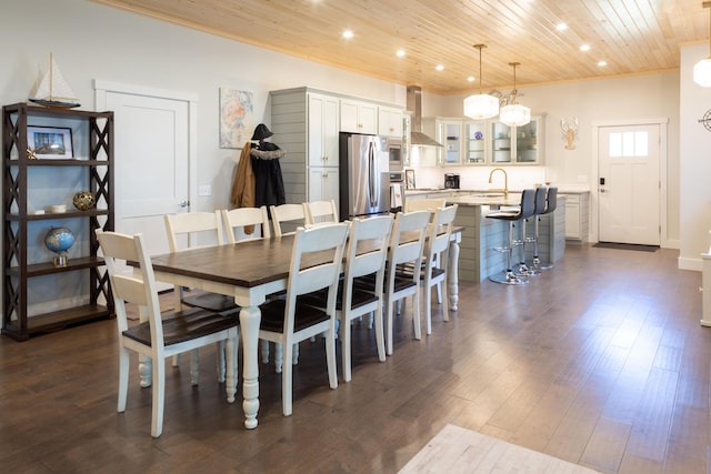 3 Bogue Chitto Ln Unit 1, Bar Harbor, ME 04609 - dining room with recessed lighting, ornamental molding, wood ceiling, and dark wood-style flooring