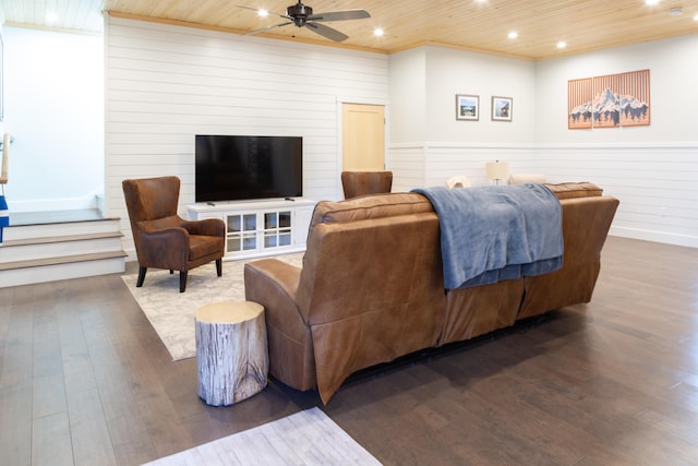 3 Bogue Chitto Ln Unit 1, Bar Harbor, ME 04609 - living room with wood ceiling, ceiling fan, recessed lighting, and hardwood / wood-style floors