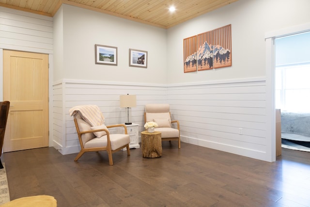 3 Bogue Chitto Ln Unit 1, Bar Harbor, ME 04609 - living area featuring wood walls, wainscoting, dark wood-type flooring, recessed lighting, and wooden ceiling