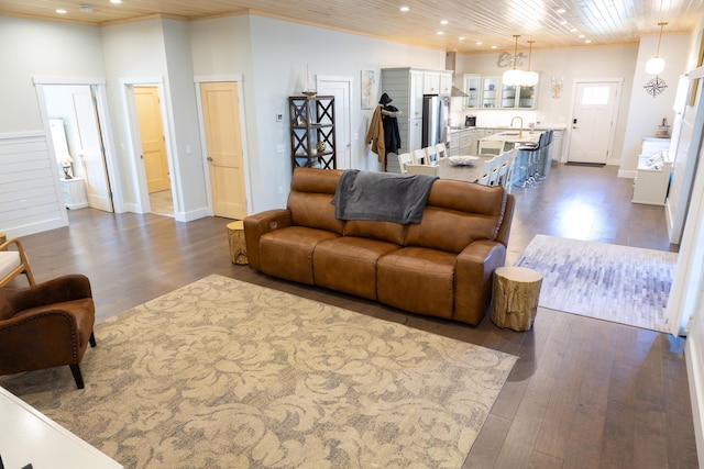3 Bogue Chitto Ln Unit 1, Bar Harbor, ME 04609 - living area with crown molding, wood ceiling, recessed lighting, and dark wood-type flooring