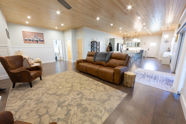 3 Bogue Chitto Ln Unit 1, Bar Harbor, ME 04609 - living room with recessed lighting, ceiling fan, dark wood finished floors, and wainscoting
