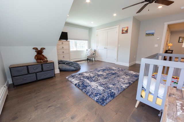3 Bogue Chitto Ln Unit 1, Bar Harbor, ME 04609 - bedroom featuring a closet, wood finished floors, baseboard heating, recessed lighting, and a ceiling fan