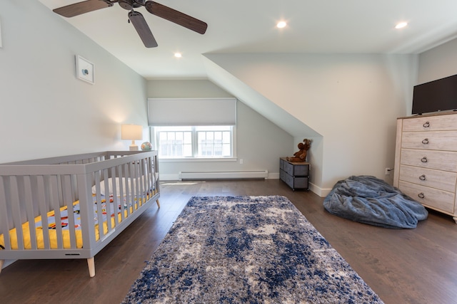 3 Bogue Chitto Ln Unit 1, Bar Harbor, ME 04609 - bedroom featuring recessed lighting, wood finished floors, lofted ceiling, and a baseboard radiator