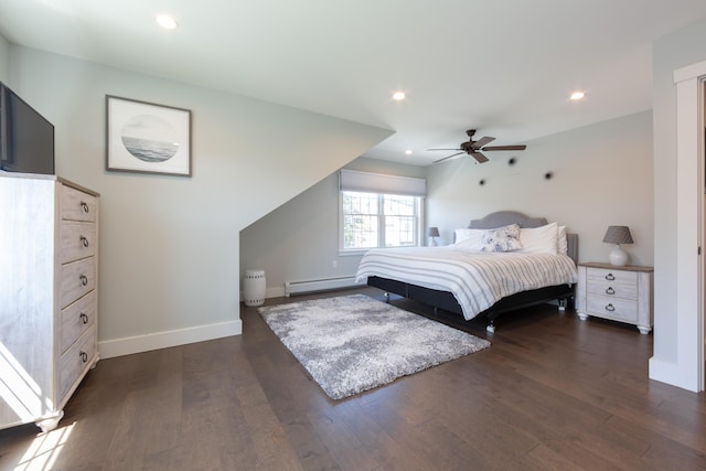 3 Bogue Chitto Ln Unit 1, Bar Harbor, ME 04609 - bedroom with a ceiling fan, baseboards, dark wood finished floors, and baseboard heating