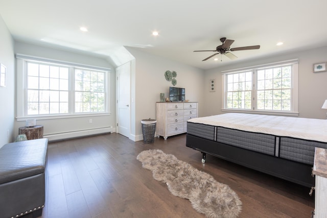 3 Bogue Chitto Ln Unit 1, Bar Harbor, ME 04609 - bedroom featuring recessed lighting, a ceiling fan, a baseboard heating unit, and dark wood-style floors