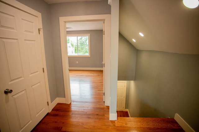 16 Main St, Bradley, ME 04411 - hallway featuring hardwood / wood-style flooring, lofted ceiling, and recessed lighting