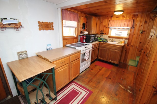 81 Shore Dr, Sabattus, ME 04280 - kitchen featuring electric range, dark wood-style flooring, light countertops, black microwave, and brown cabinets