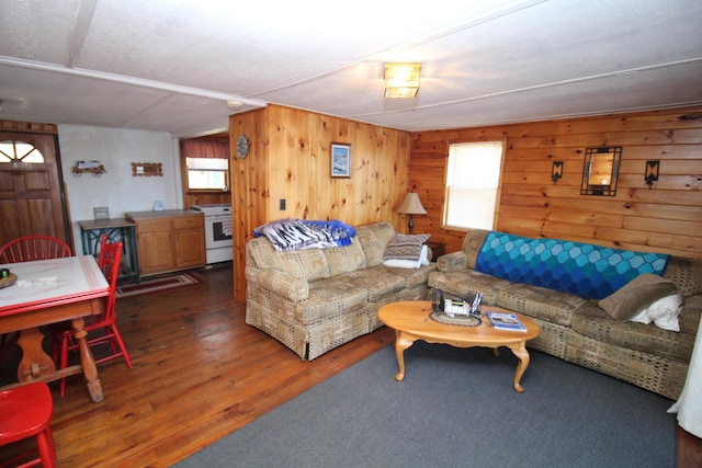 81 Shore Dr, Sabattus, ME 04280 - living room featuring healthy amount of natural light, wood finished floors, and wooden walls