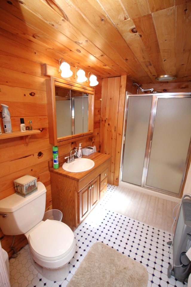 81 Shore Dr, Sabattus, ME 04280 - full bath featuring wooden ceiling, a stall shower, tile patterned floors, vanity, and wooden walls