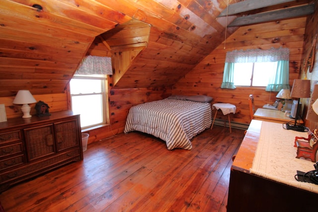 81 Shore Dr, Sabattus, ME 04280 - bedroom with wood walls, hardwood / wood-style floors, vaulted ceiling, wood ceiling, and a baseboard radiator