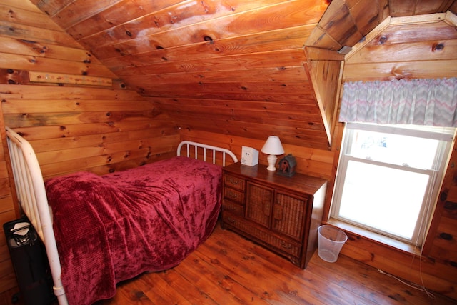 81 Shore Dr, Sabattus, ME 04280 - bedroom with hardwood / wood-style floors, vaulted ceiling, wooden walls, and wooden ceiling