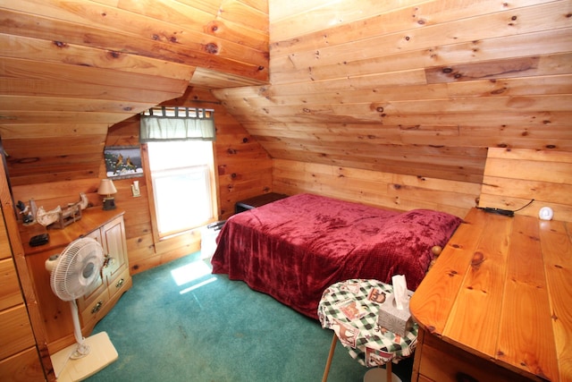 81 Shore Dr, Sabattus, ME 04280 - carpeted bedroom featuring wood walls and lofted ceiling