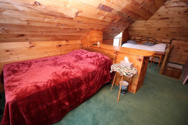 81 Shore Dr, Sabattus, ME 04280 - carpeted bedroom featuring wooden walls, vaulted ceiling, and wooden ceiling