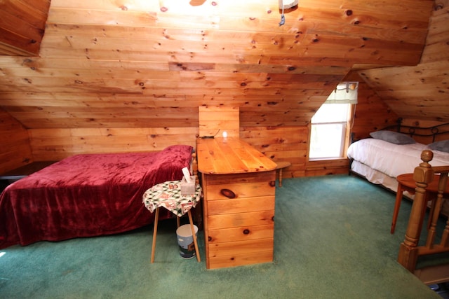 81 Shore Dr, Sabattus, ME 04280 - carpeted bedroom with wooden walls, wood ceiling, and lofted ceiling