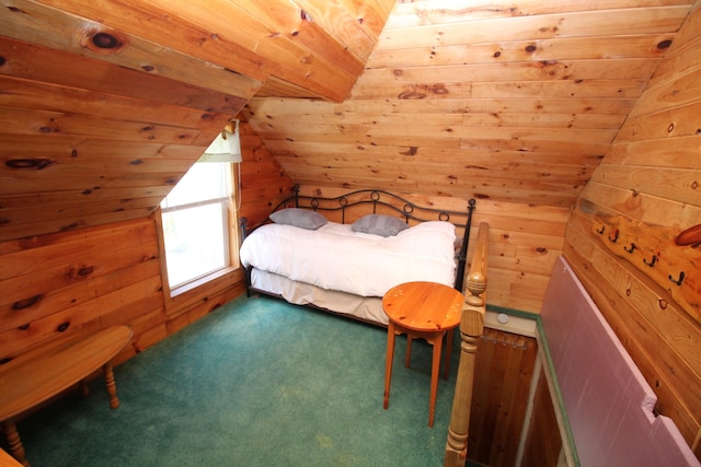 81 Shore Dr, Sabattus, ME 04280 - carpeted bedroom with wooden walls, wood ceiling, and vaulted ceiling