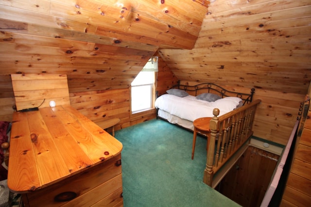 81 Shore Dr, Sabattus, ME 04280 - carpeted bedroom with wood walls and vaulted ceiling
