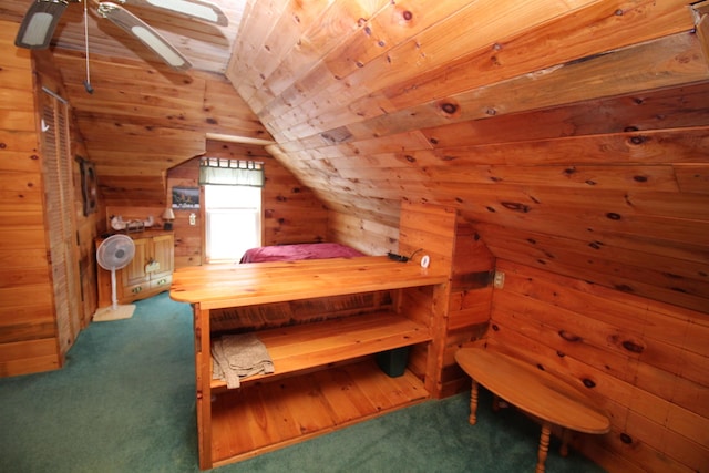 81 Shore Dr, Sabattus, ME 04280 - carpeted bedroom featuring lofted ceiling, wood walls, wood ceiling, and a sauna / steam room