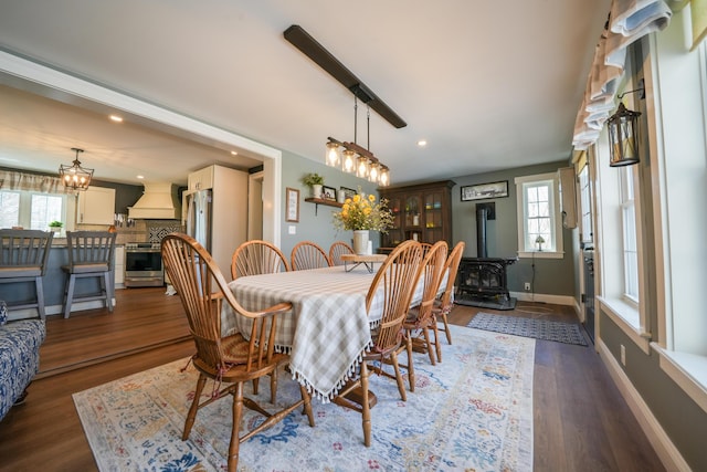 219 Middle Rd, Skowhegan, ME 04976 - dining area featuring a wood stove, dark wood-style floors, plenty of natural light, and recessed lighting