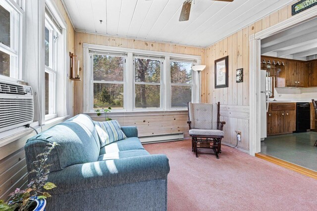 interior space with plenty of natural light, wood walls, and a baseboard radiator