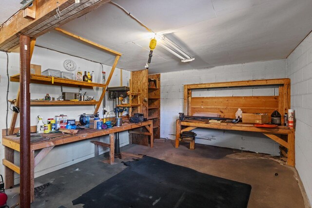 below grade area featuring concrete block wall and a workshop area