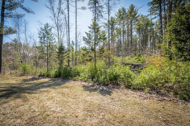 view of landscape featuring a forest view