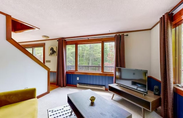 living area featuring a baseboard heating unit, carpet flooring, a textured ceiling, and a wealth of natural light