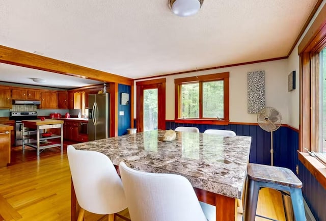 dining area featuring a healthy amount of sunlight, wainscoting, and light wood-style flooring