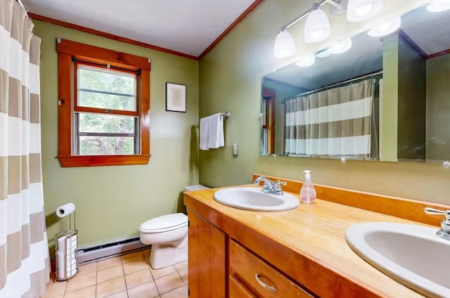 full bath featuring ornamental molding, a sink, and a baseboard radiator