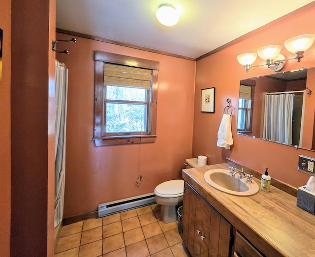 full bathroom with vanity, toilet, tile patterned floors, a baseboard heating unit, and a shower with curtain