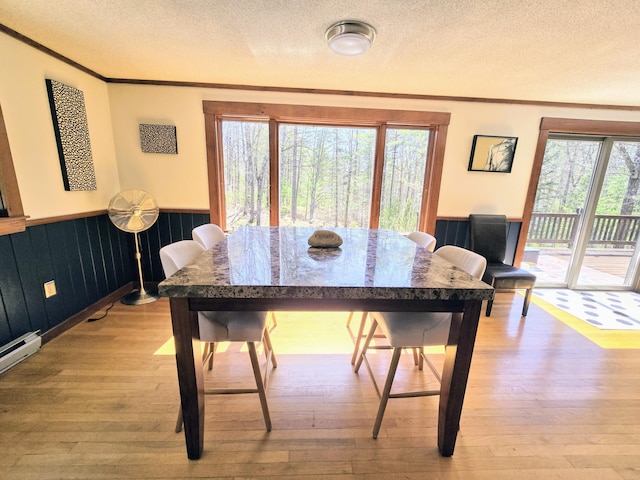 dining area featuring crown molding, a textured ceiling, light wood finished floors, and wainscoting